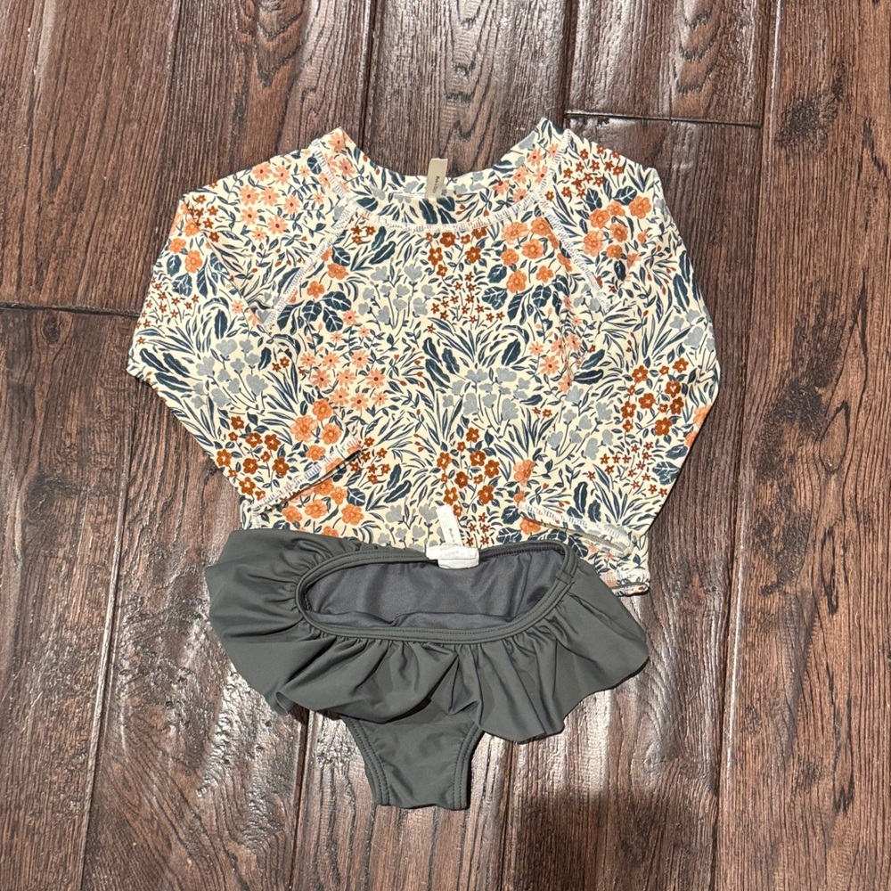 Rylee + Cru Floral Kids Swim Rashguard Set - Orange and Gray